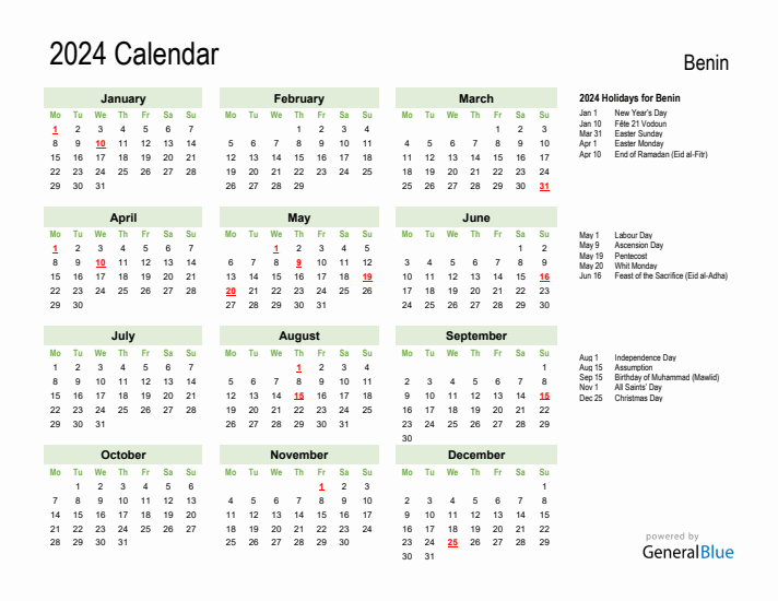 Holiday Calendar 2024 for Benin (Monday Start)