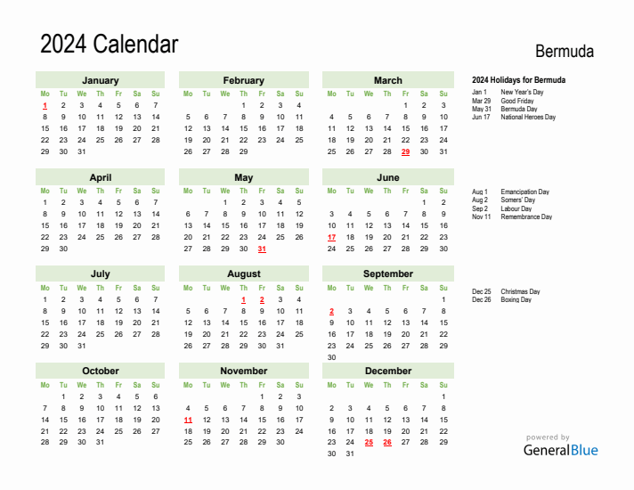 Holiday Calendar 2024 for Bermuda (Monday Start)