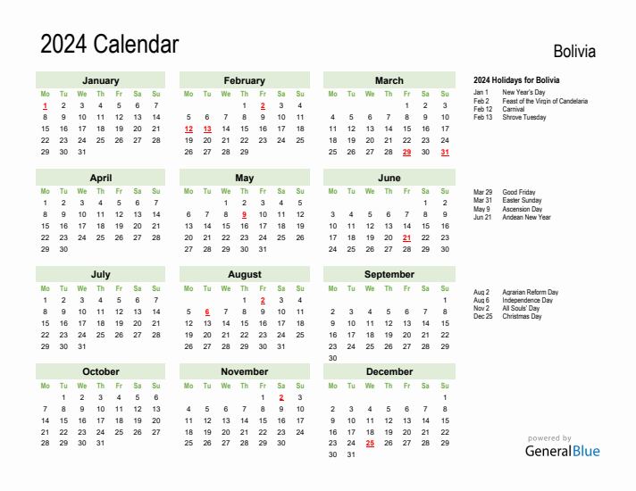 Holiday Calendar 2024 for Bolivia (Monday Start)