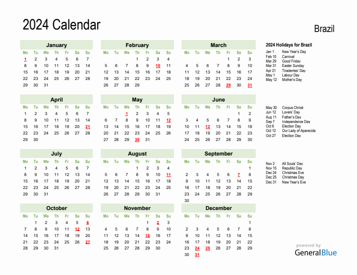 Holiday Calendar 2024 for Brazil (Monday Start)