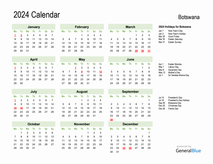 Holiday Calendar 2024 for Botswana (Monday Start)