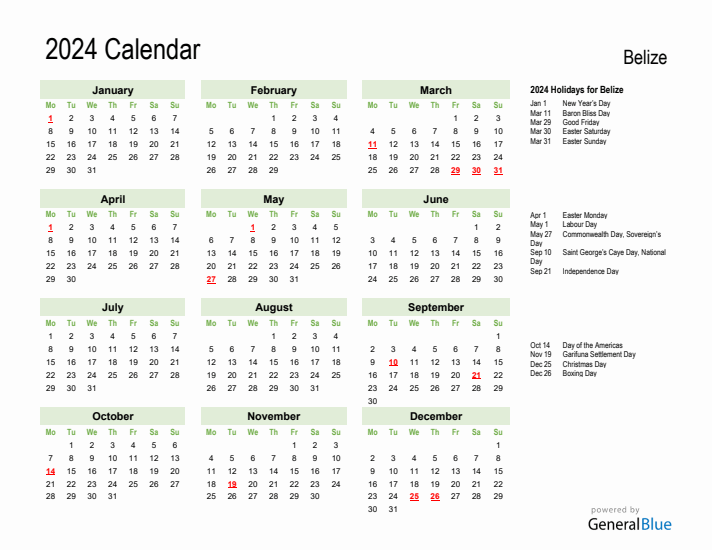 Holiday Calendar 2024 for Belize (Monday Start)