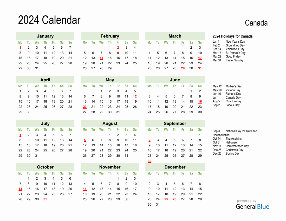 Holiday Calendar 2024 for Canada (Monday Start)