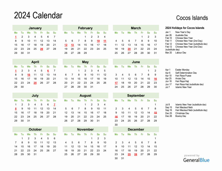 Holiday Calendar 2024 for Cocos Islands (Monday Start)