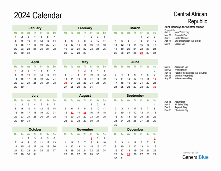 Holiday Calendar 2024 for Central African Republic (Monday Start)