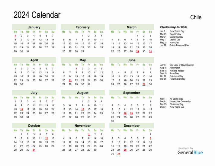 Holiday Calendar 2024 for Chile (Monday Start)