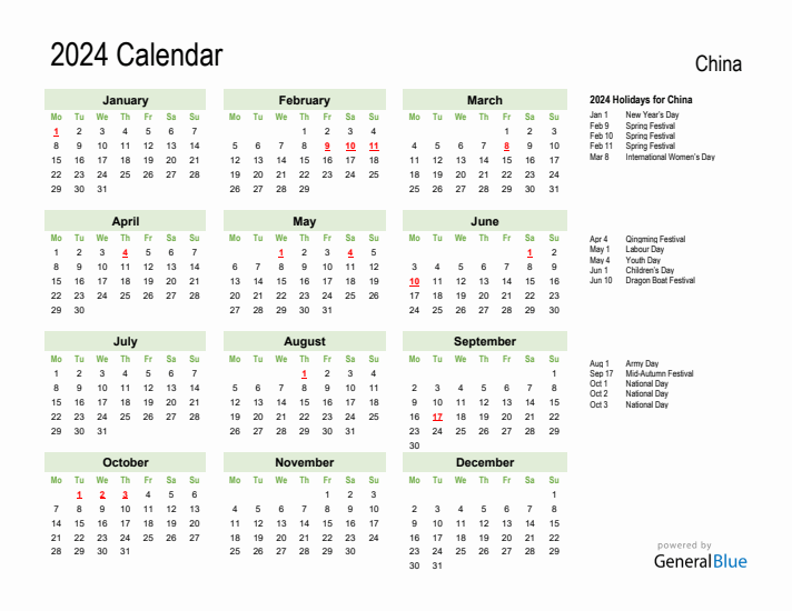 Holiday Calendar 2024 for China (Monday Start)