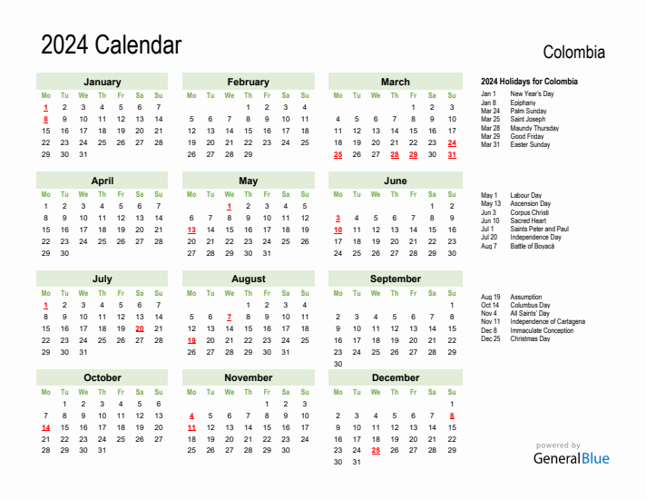 Holiday Calendar 2024 for Colombia (Monday Start)
