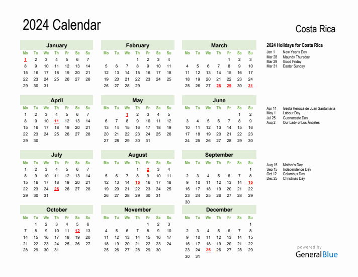 Holiday Calendar 2024 for Costa Rica (Monday Start)