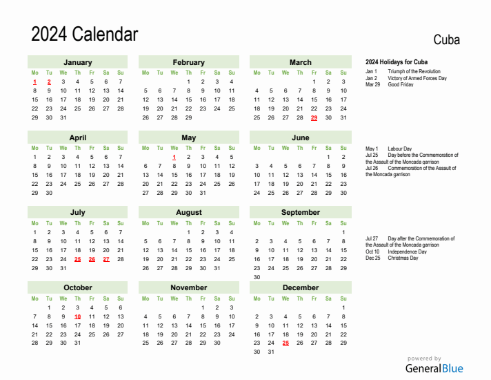 Holiday Calendar 2024 for Cuba (Monday Start)