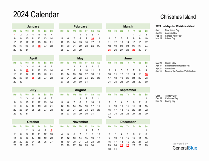Holiday Calendar 2024 for Christmas Island (Monday Start)
