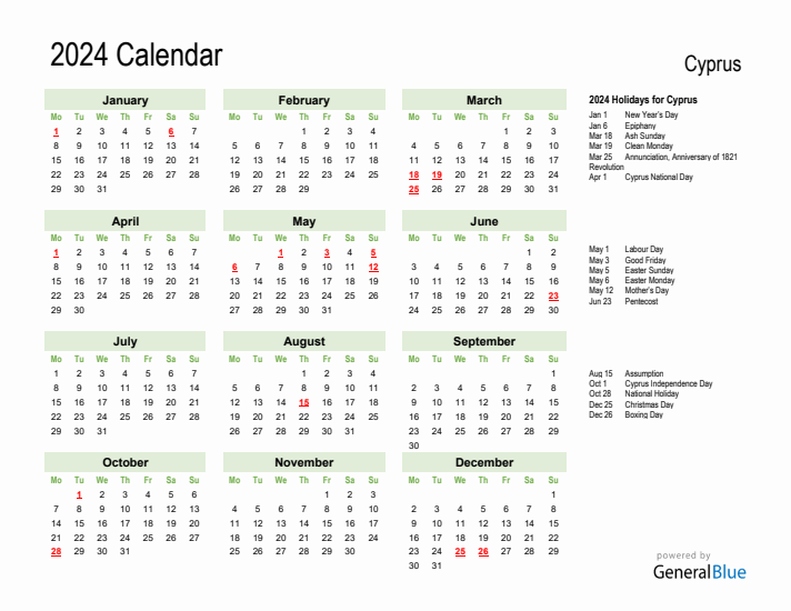 Holiday Calendar 2024 for Cyprus (Monday Start)