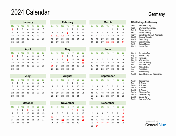 Holiday Calendar 2024 for Germany (Monday Start)
