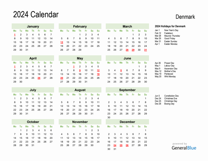 Holiday Calendar 2024 for Denmark (Monday Start)