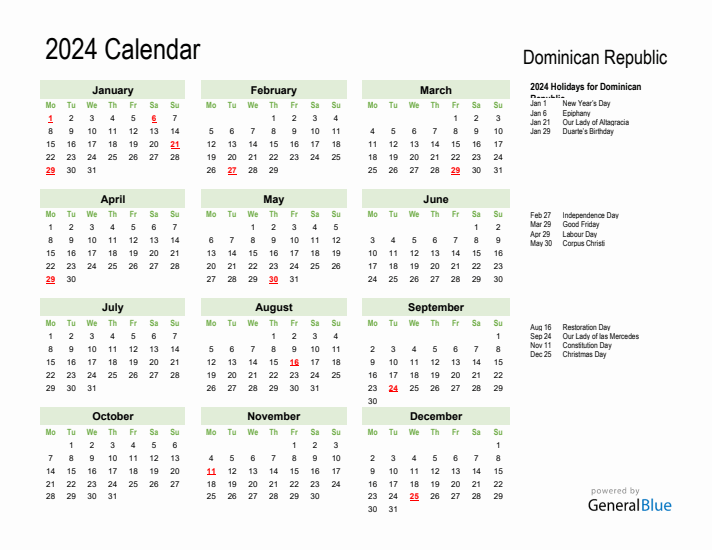 Holiday Calendar 2024 for Dominican Republic (Monday Start)
