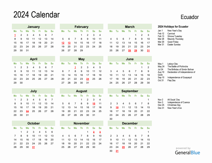 Holiday Calendar 2024 for Ecuador (Monday Start)