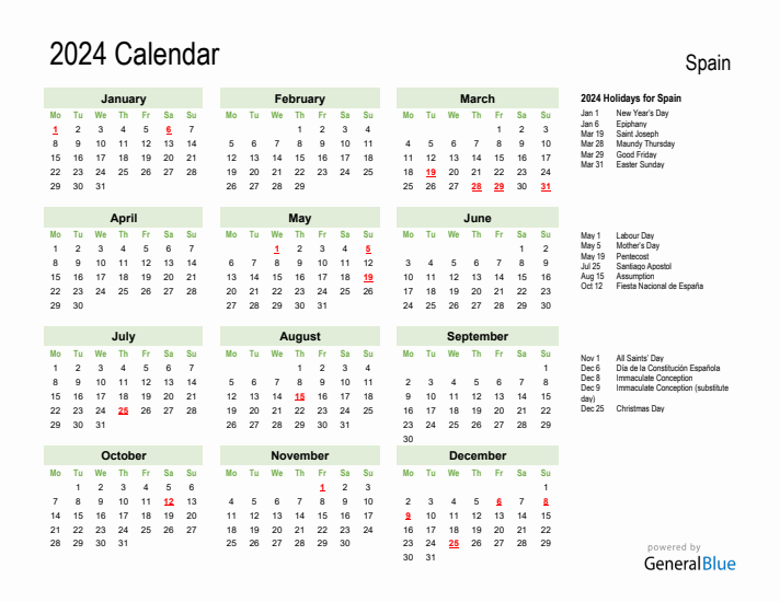 Holiday Calendar 2024 for Spain (Monday Start)