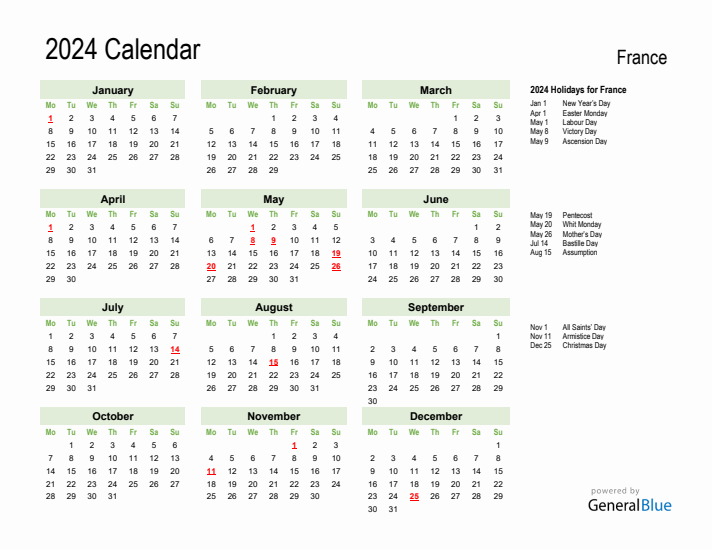 Holiday Calendar 2024 for France (Monday Start)