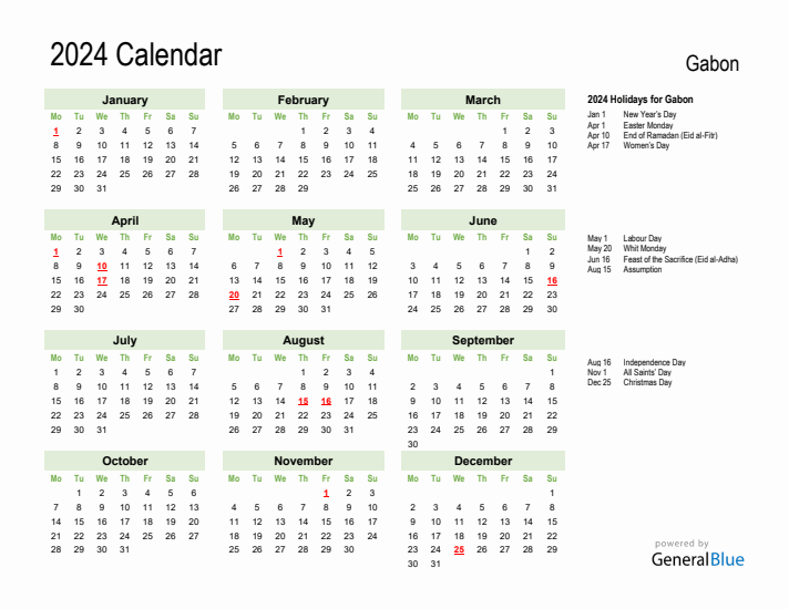 Holiday Calendar 2024 for Gabon (Monday Start)