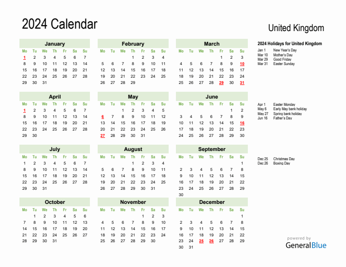 Holiday Calendar 2024 for United Kingdom (Monday Start)