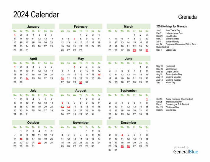 Holiday Calendar 2024 for Grenada (Monday Start)