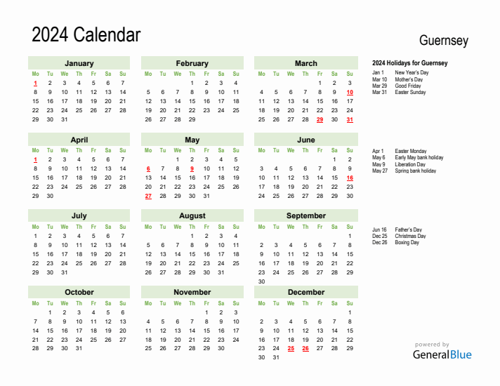 Holiday Calendar 2024 for Guernsey (Monday Start)