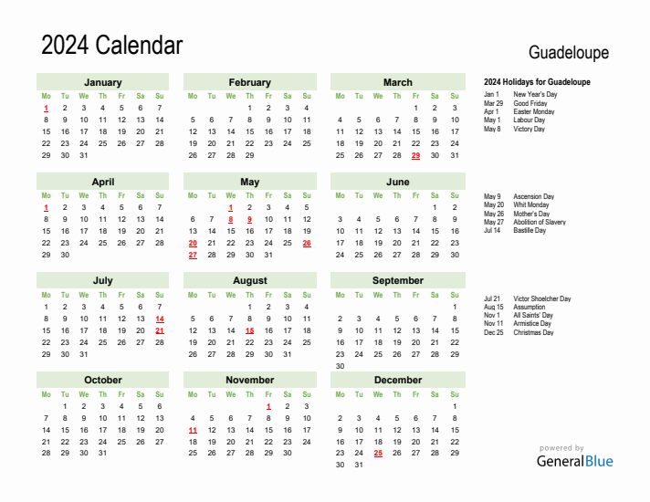 Holiday Calendar 2024 for Guadeloupe (Monday Start)