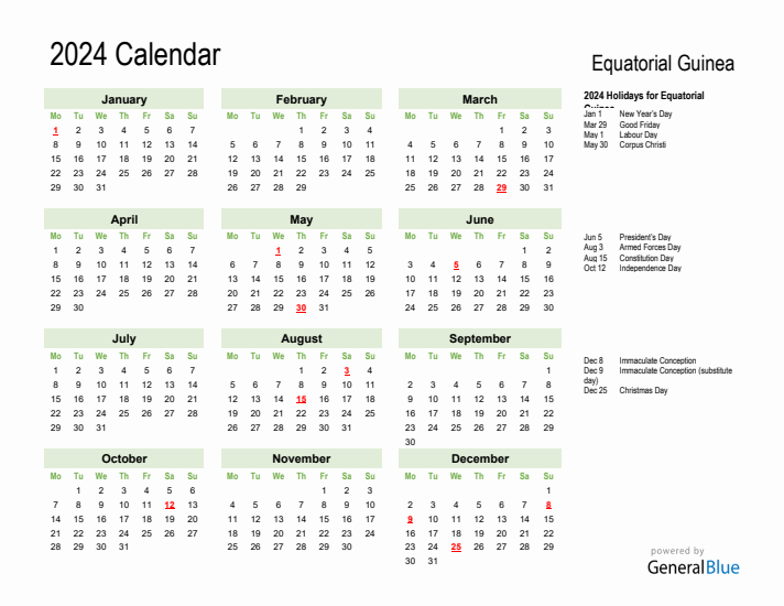 Holiday Calendar 2024 for Equatorial Guinea (Monday Start)