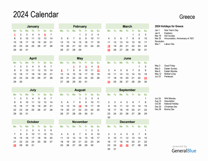 Holiday Calendar 2024 for Greece (Monday Start)