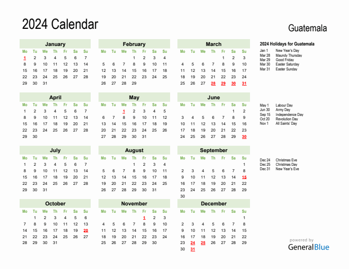 Holiday Calendar 2024 for Guatemala (Monday Start)