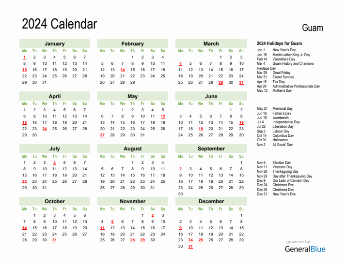 Holiday Calendar 2024 for Guam (Monday Start)