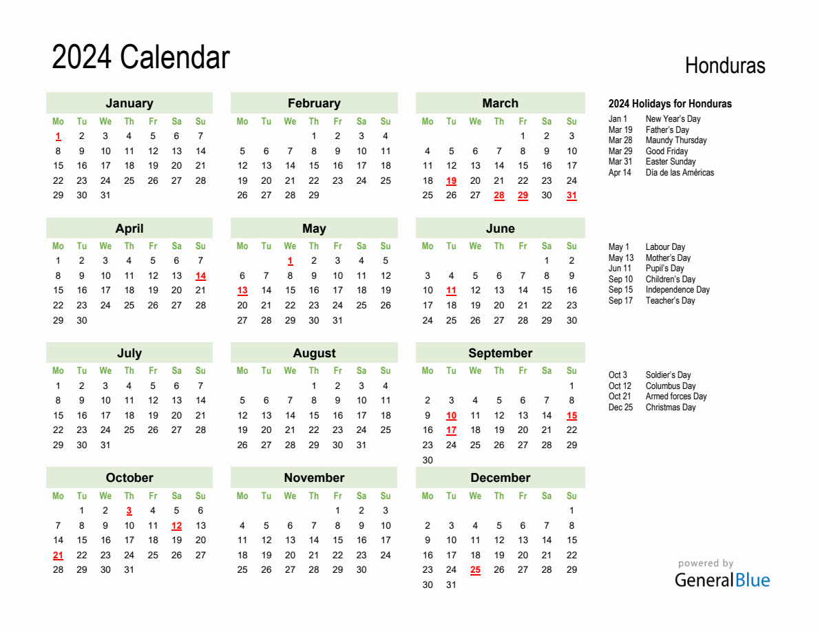 Holiday Calendar 2024 for Honduras (Monday Start)