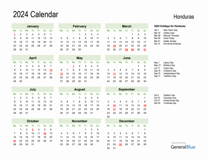 Holiday Calendar 2024 for Honduras (Monday Start)