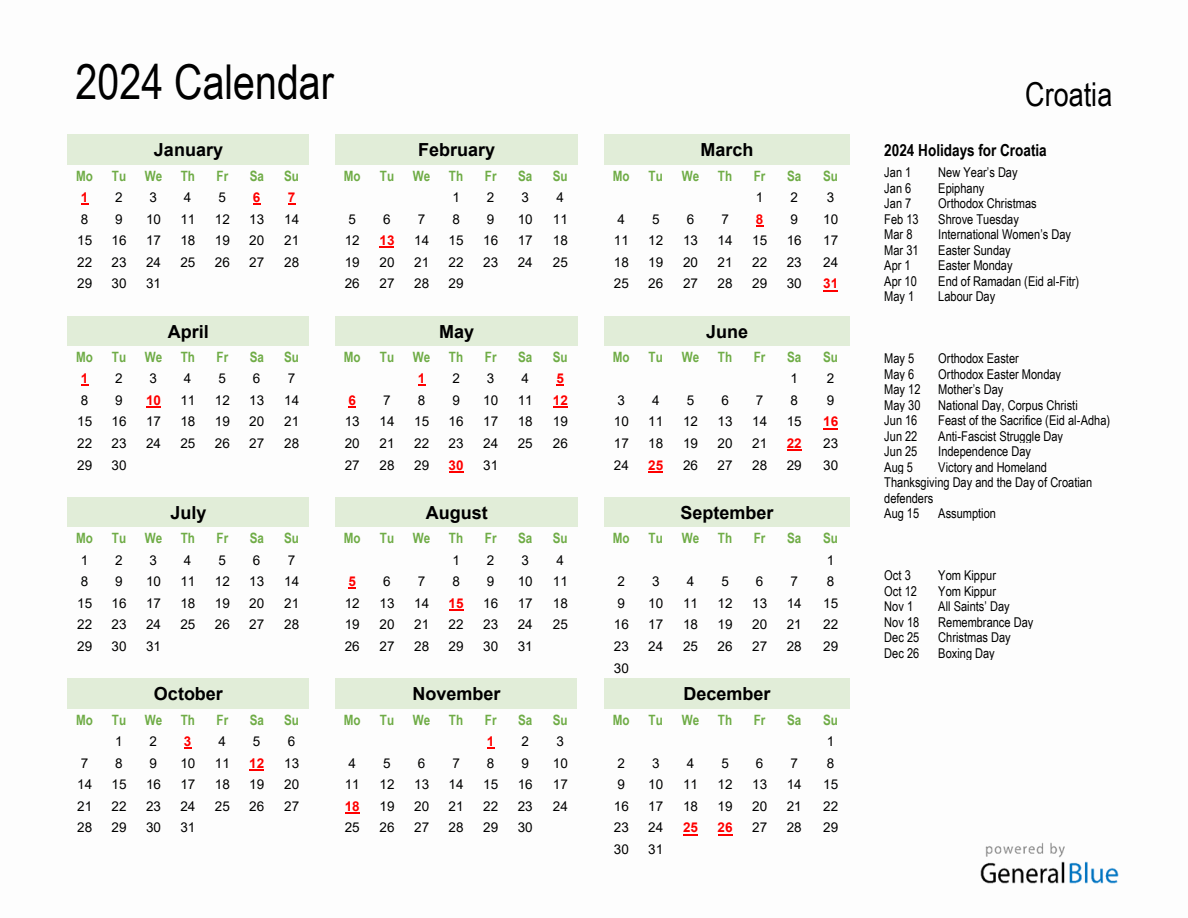 Holiday Calendar 2024 For Croatia Monday Start   2024 Calendar Green With Holidays Landscape Monday Start En Hr 1188x918 