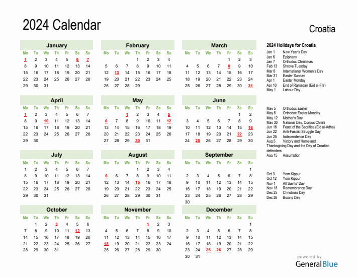 Holiday Calendar 2024 for Croatia (Monday Start)