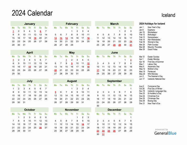Holiday Calendar 2024 for Iceland (Monday Start)