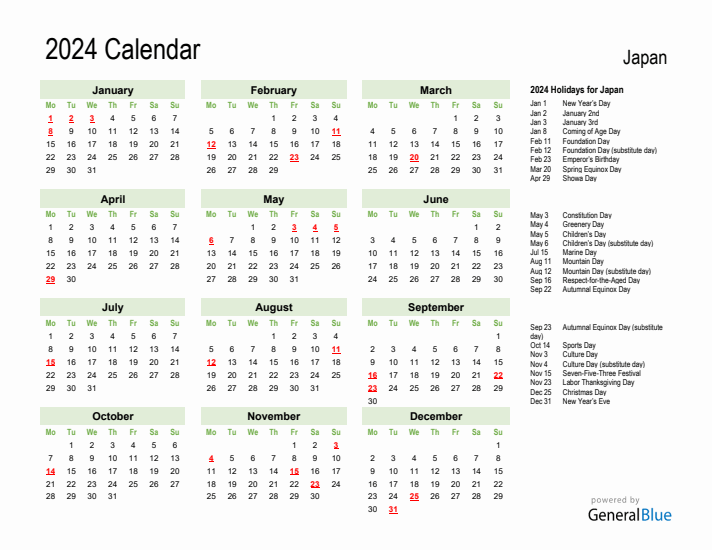 Holiday Calendar 2024 for Japan (Monday Start)