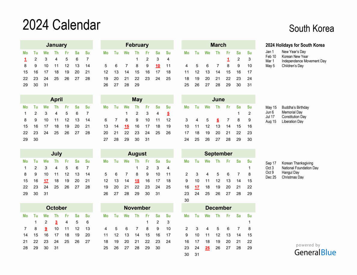 Holiday Calendar 2024 for South Korea (Monday Start)