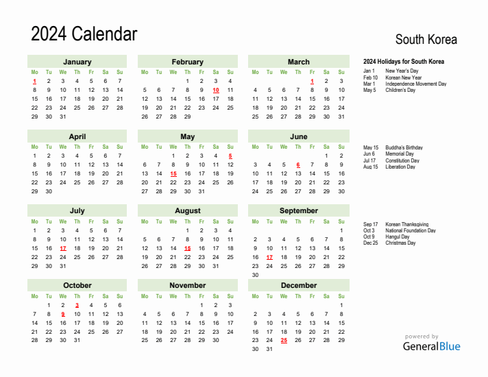 Holiday Calendar 2024 for South Korea (Monday Start)