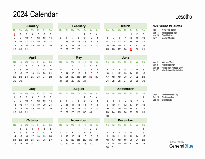 Holiday Calendar 2024 for Lesotho (Monday Start)