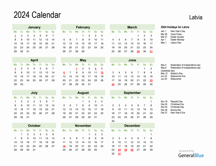 Holiday Calendar 2024 for Latvia (Monday Start)