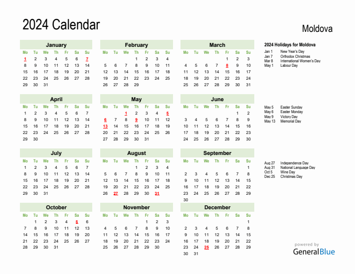 Holiday Calendar 2024 for Moldova (Monday Start)