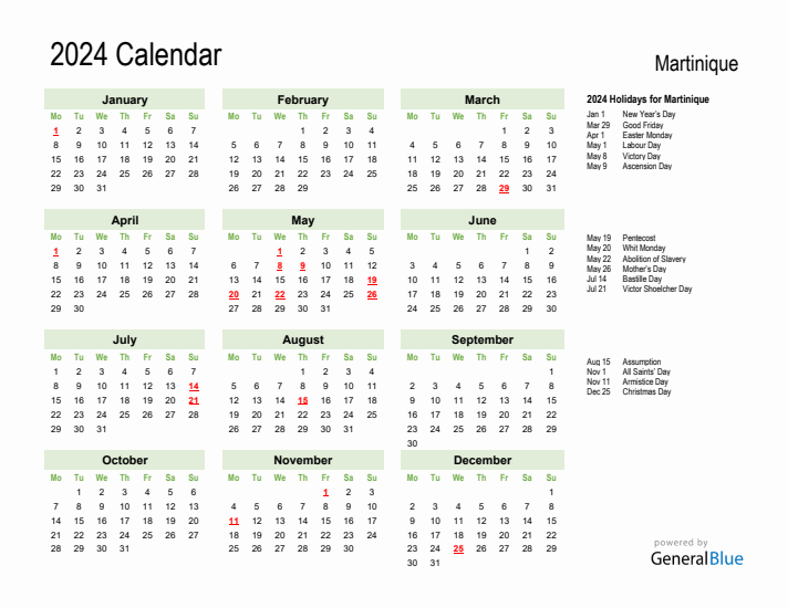 Holiday Calendar 2024 for Martinique (Monday Start)