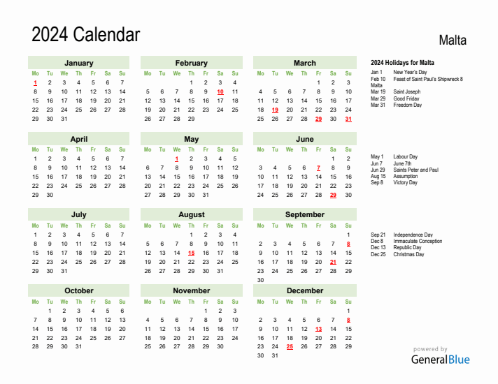 Holiday Calendar 2024 for Malta (Monday Start)