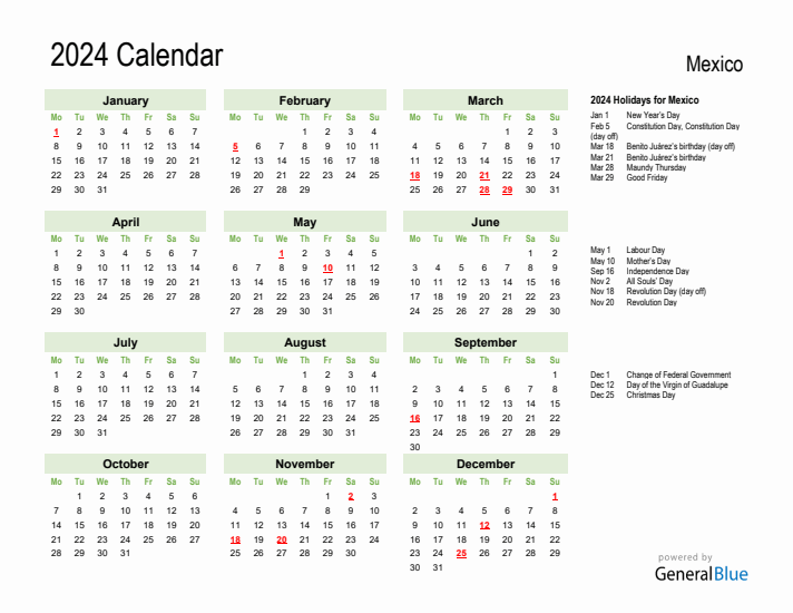 Holiday Calendar 2024 for Mexico (Monday Start)