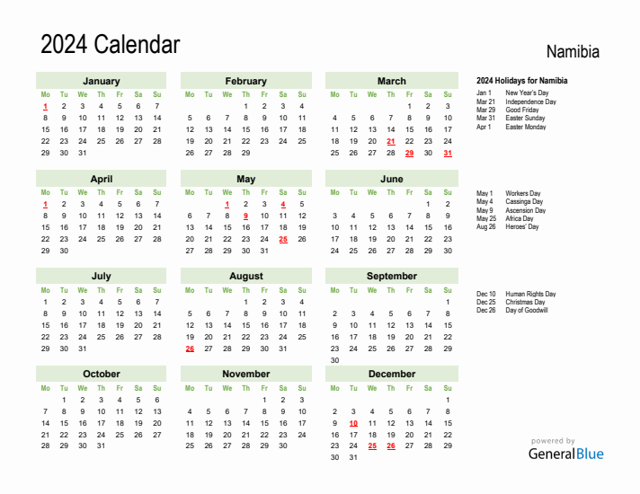 Holiday Calendar 2024 for Namibia (Monday Start)