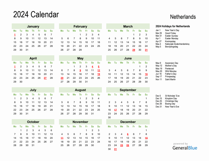 Holiday Calendar 2024 for The Netherlands (Monday Start)