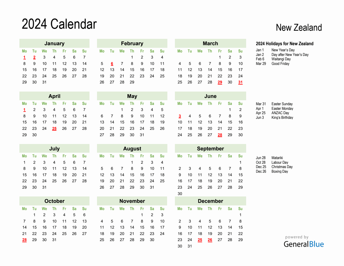 Holiday Calendar 2024 for New Zealand (Monday Start)