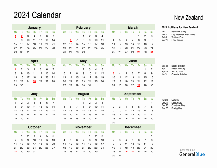 Holiday Calendar 2024 for New Zealand (Monday Start)