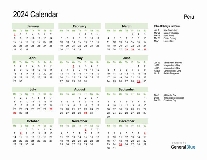 Holiday Calendar 2024 for Peru (Monday Start)